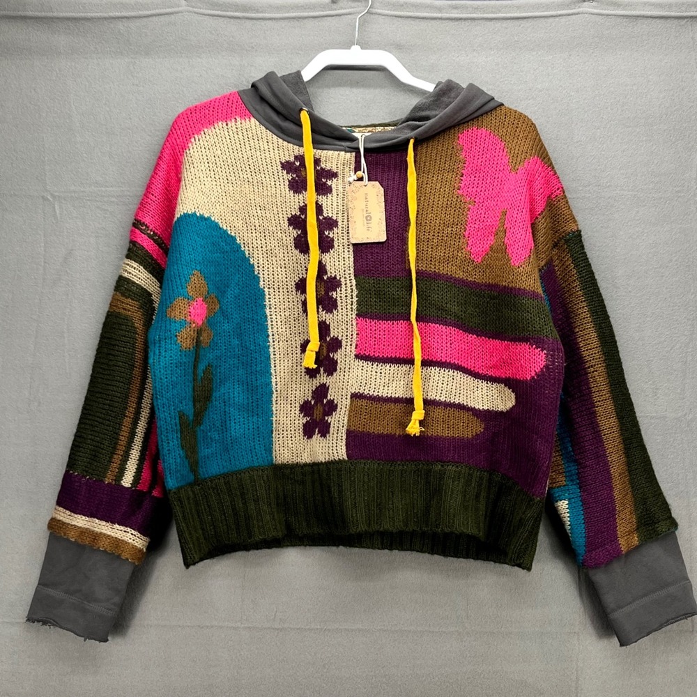 Natural Life Women Patchwork Knit Hoodie Multicolor Floral Butterfly SWTR000503
